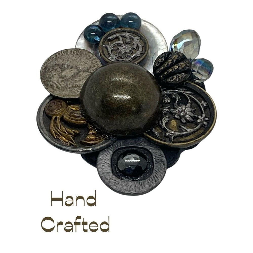 Hand Crafted Antique Bronze Silver Rhinestone Buttons Reimagined Brooch NWT